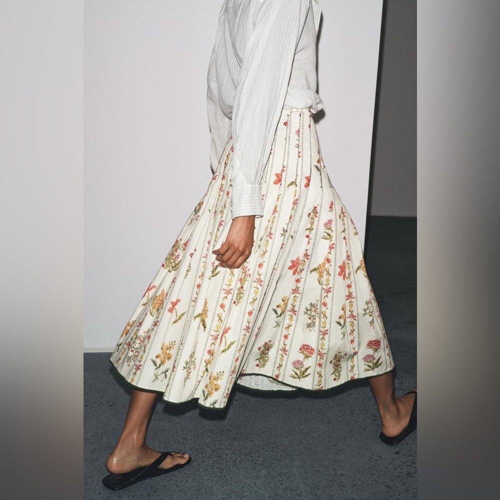 Zara NWT 100% Cotton Vintage Romantic Italian Countryside Midi Floral Skirt (XL) - Picture 4 of 9